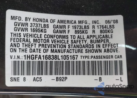 2008 Honda Civic Ex из США, поврежденный, VIN 1HGFA16838L105167